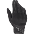 Alpinestars Stella Copper Damen-Handschuhe, schwarze Motorradhandschuhe, Handrückenansicht mit Mesh- und Textilkonstruktion, gerippte Akkordeon-Einsätze an den Fingern, Alpinestars-Schriftzug auf dem Zeigefinger und Stern-Logo am Handgelenk, leichtes urbanes Design
