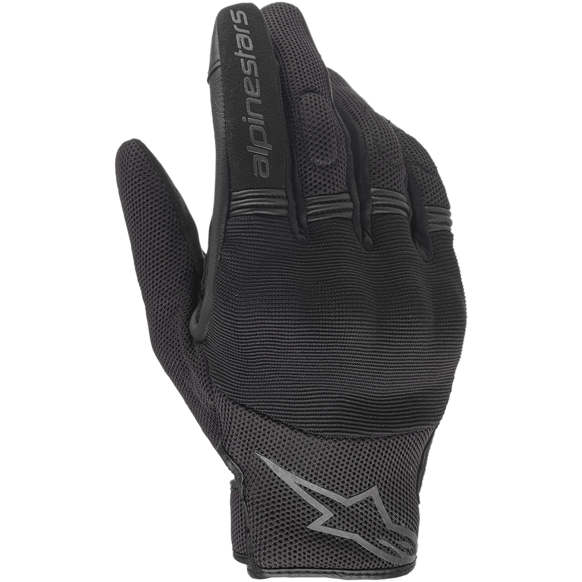 Alpinestars Stella Copper Damen-Handschuhe, schwarze Motorradhandschuhe, Handrückenansicht mit Mesh- und Textilkonstruktion, gerippte Akkordeon-Einsätze an den Fingern, Alpinestars-Schriftzug auf dem Zeigefinger und Stern-Logo am Handgelenk, leichtes urbanes Design