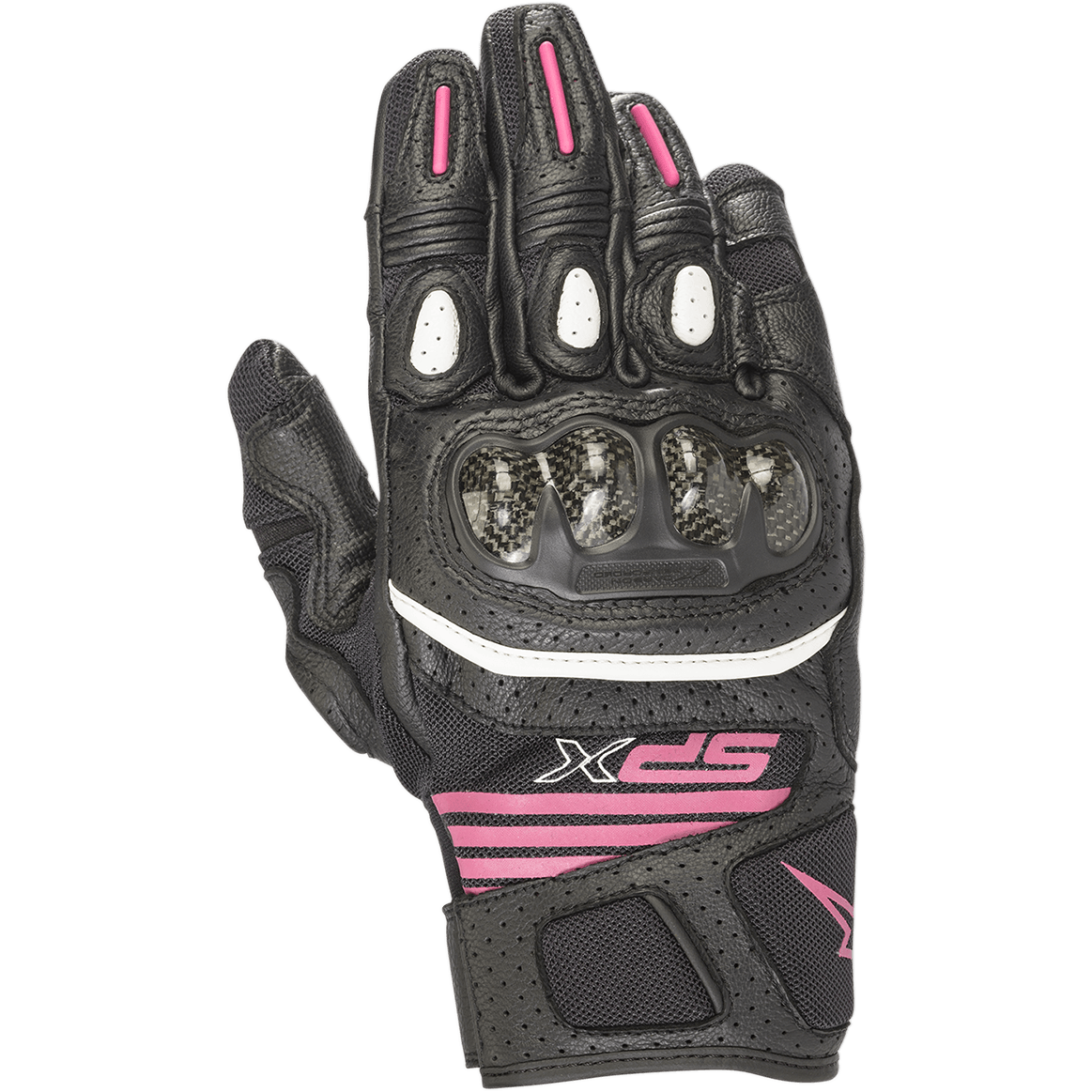 Alpinestars Damen SPX Air Carbon V2 Handschuhe, kurzschaftige Motorradhandschuhe in Schwarz und Fuchsia, Carbon-Knöchelprotektor, perforierte Leder- und Mesh-Konstruktion, weiße Details und fuchsiafarbenes Branding am Handgelenk
