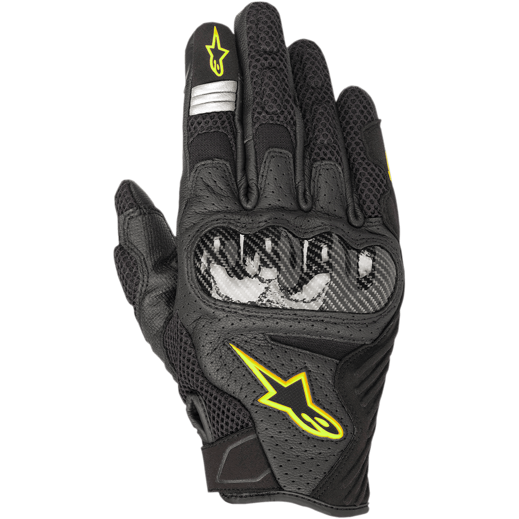 Alpinestars SMX-1 Air V2 Handschuhe, Motorradhandschuhe, Schwarz mit gelb fluoreszierenden Akzenten, Carbon-Knöchelschutz, Mesh- und perforierte Lederkonstruktion für Atmungsaktivität, gelbes Astars-Logo, silberne reflektierende Details am Zeigefinger