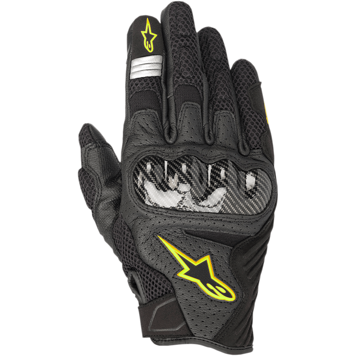 Alpinestars SMX-1 Air V2 Handschuhe, Motorradhandschuhe, Schwarz mit gelb fluoreszierenden Akzenten, Carbon-Knöchelschutz, Mesh- und perforierte Lederkonstruktion für Atmungsaktivität, gelbes Astars-Logo, silberne reflektierende Details am Zeigefinger