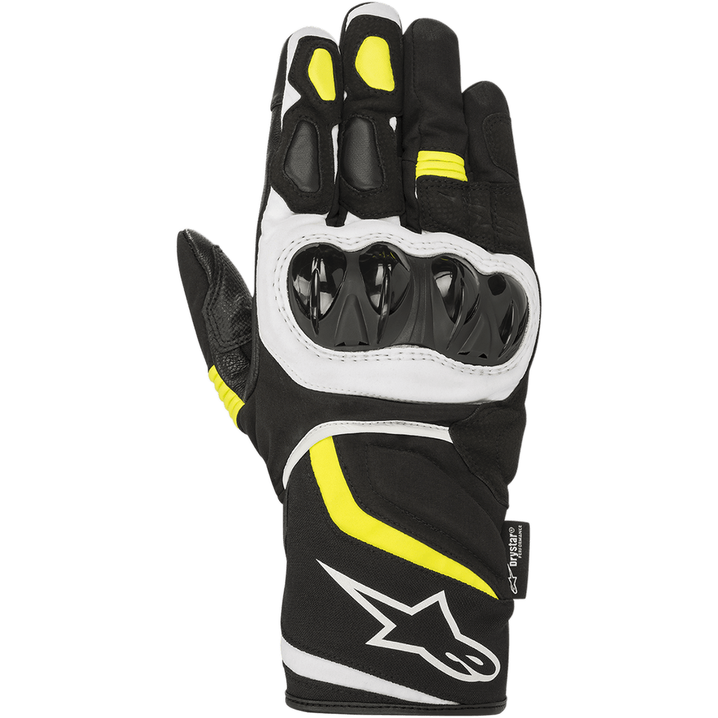 Alpinestars T-SP W Drystar® Gloves, Sport Motorcycle Gloves, Black with Yellow Fluo and White accents, hard knuckle protector, mid-length cuff with white logo, waterproof textile and softshell construction