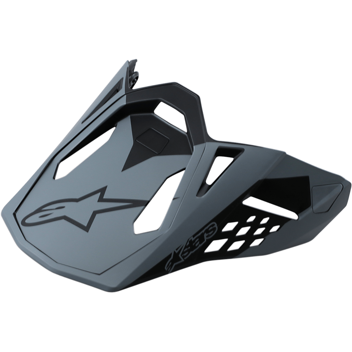 Alpinestars Supertech M10 Meta Helmvisier, Ersatz-Helmschirm für Motocross-Helme, Matt-Schwarz und Grau, mit schwarzem Astar-Logo und geometrischen Belüftungsausschnitten, aerodynamisches Design für Offroad-Rennsport