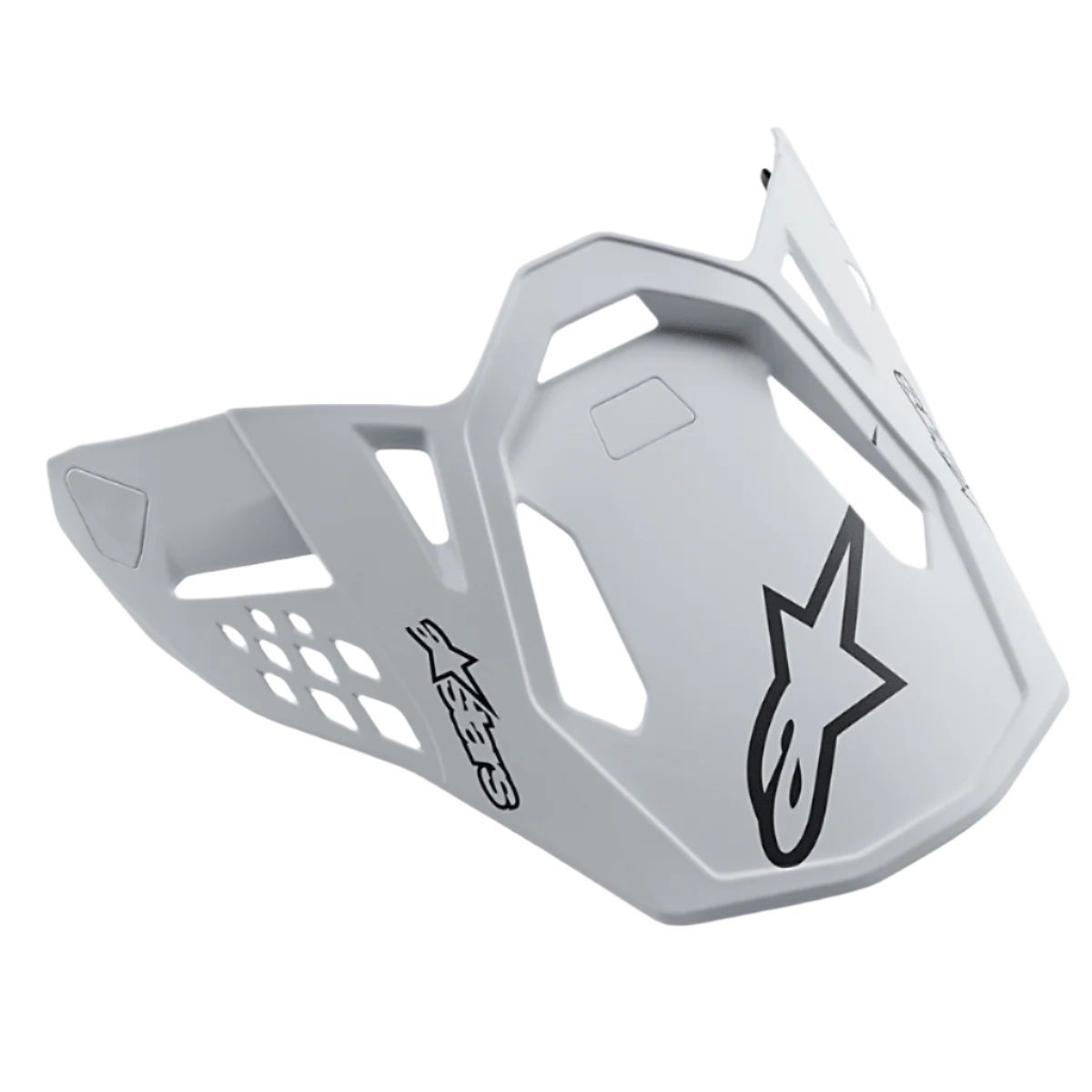 Alpinestars Supertech M10 Dyno Helmvisier, Matt-Weiß, mit schwarzen Alpinestars Stern-Logos, Motocross-Helmschirm mit geometrischen Ausschnitten für Luftzirkulation, mattes Finish, aerodynamisches Design für Offroad-Performance