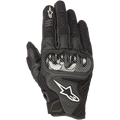Alpinestars SMX-1 Air V2 Handschuhe, schwarze Motorradhandschuhe, Knöchelschutz im Carbon-Look, weißes Stern-Logo, Mesh-Einsätze und perforiertes Leder für Belüftung, kurzes Stulpendesign für den Einsatz auf der Straße und in der Stadt.