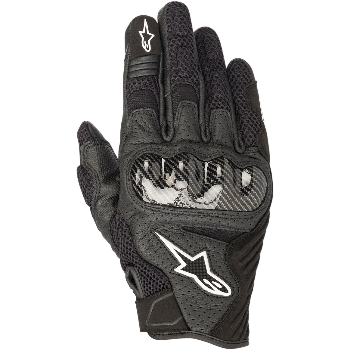 Alpinestars SMX-1 Air V2 Handschuhe, schwarze Motorradhandschuhe, Knöchelschutz im Carbon-Look, weißes Stern-Logo, Mesh-Einsätze und perforiertes Leder für Belüftung, kurzes Stulpendesign für den Einsatz auf der Straße und in der Stadt.