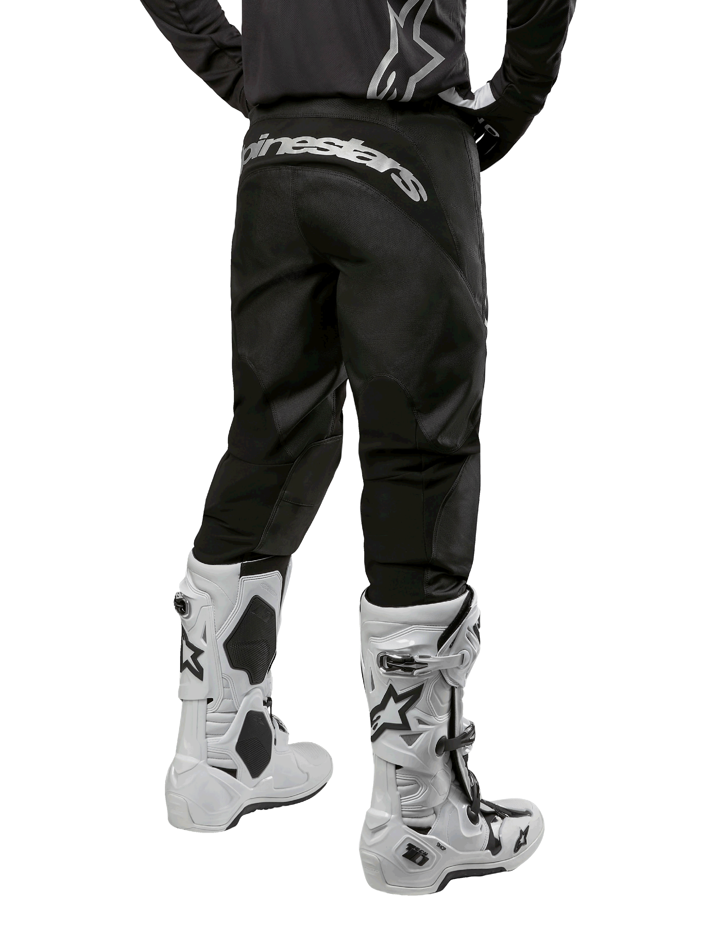 Alpinestars 2024 Fluid Graphite Gear Set, back view of black and gray motocross pants with white Alpinestars branding on the seat, worn with white and black motocross boots, specialized off-road racing gear