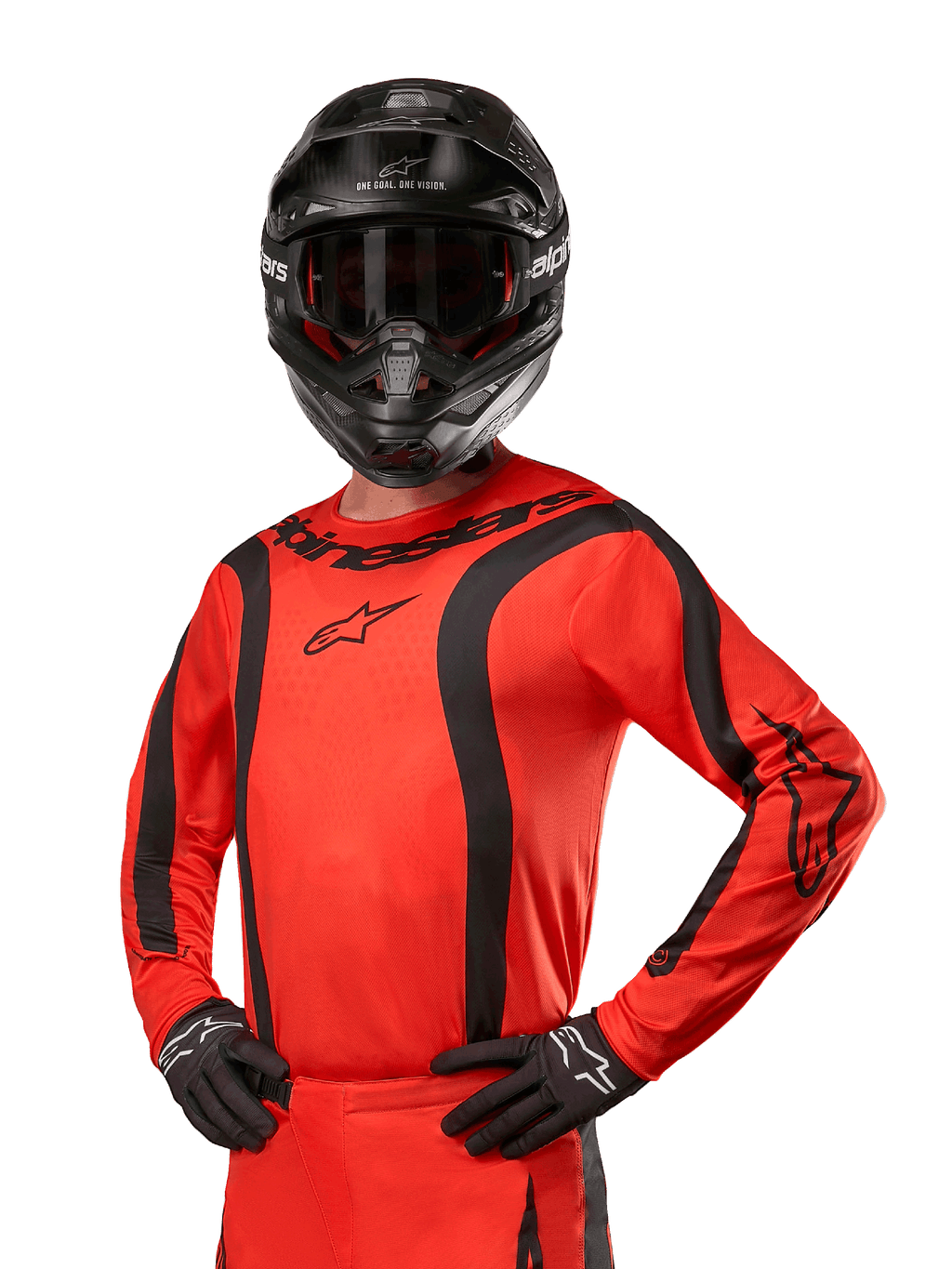 2024 Fluid Lurv Jersey, Motocross-Trikot, Hot Orange und Schwarz, Langarm mit geschwungenen schwarzen Streifen, Alpinestars-Logos auf Brust und Schultern, getragen mit schwarzem Helm und Handschuhen, sportliche Offroad-Ausrüstung