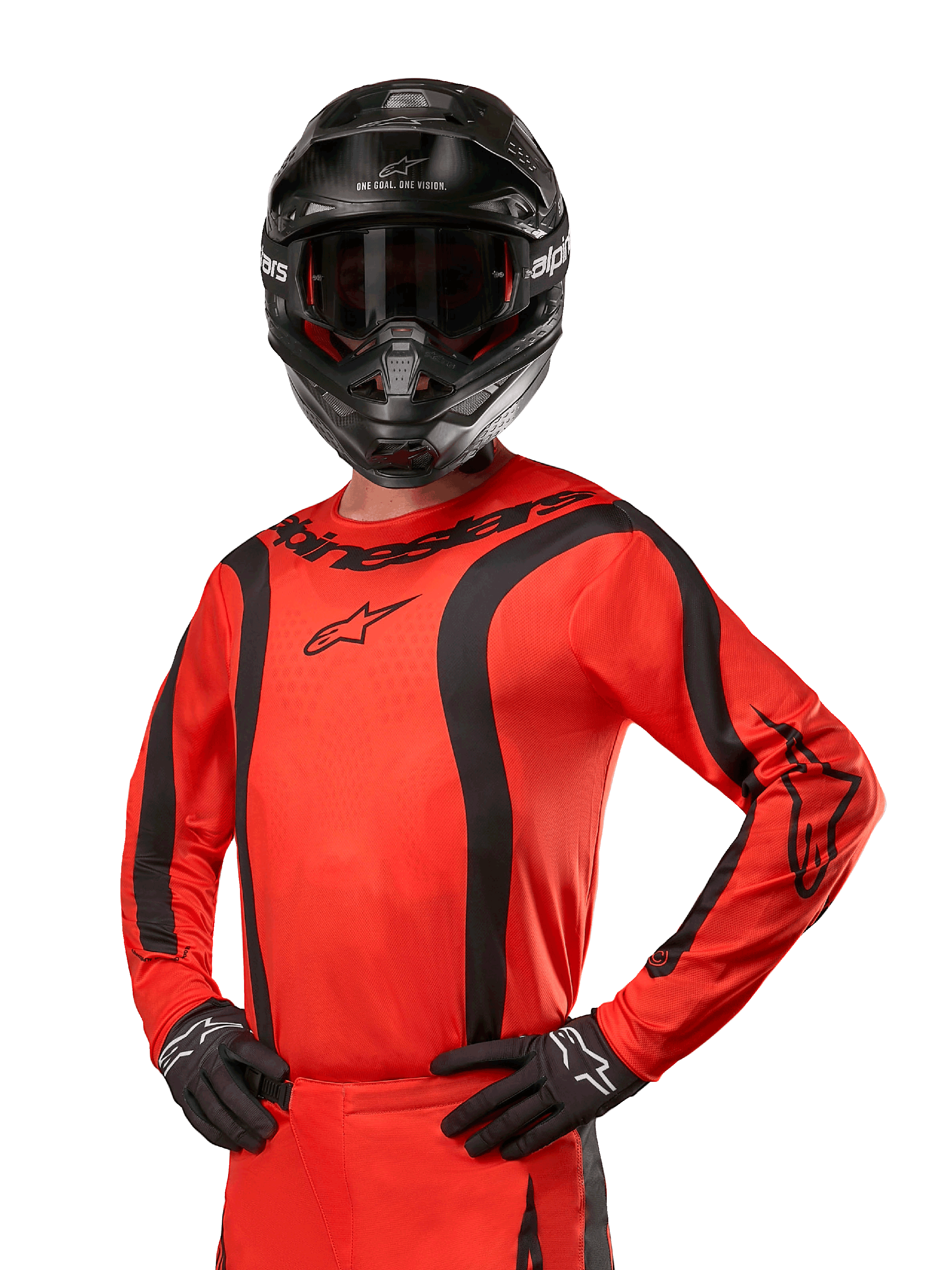 2024 Fluid Lurv Jersey, Motocross-Trikot, Hot Orange und Schwarz, Langarm mit geschwungenen schwarzen Streifen, Alpinestars-Logos auf Brust und Schultern, getragen mit schwarzem Helm und Handschuhen, sportliche Offroad-Ausrüstung