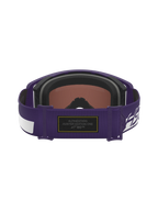 Alpinestars Limited Edition HUNTA96 XXV Supertech Vision Goggles, Purple and White, back view of adjustable strap featuring black Alcantara patch with yellow contrast stitching and Hunter Edition One branding, premium motocross eyewear inspired by Porsche GT3RS