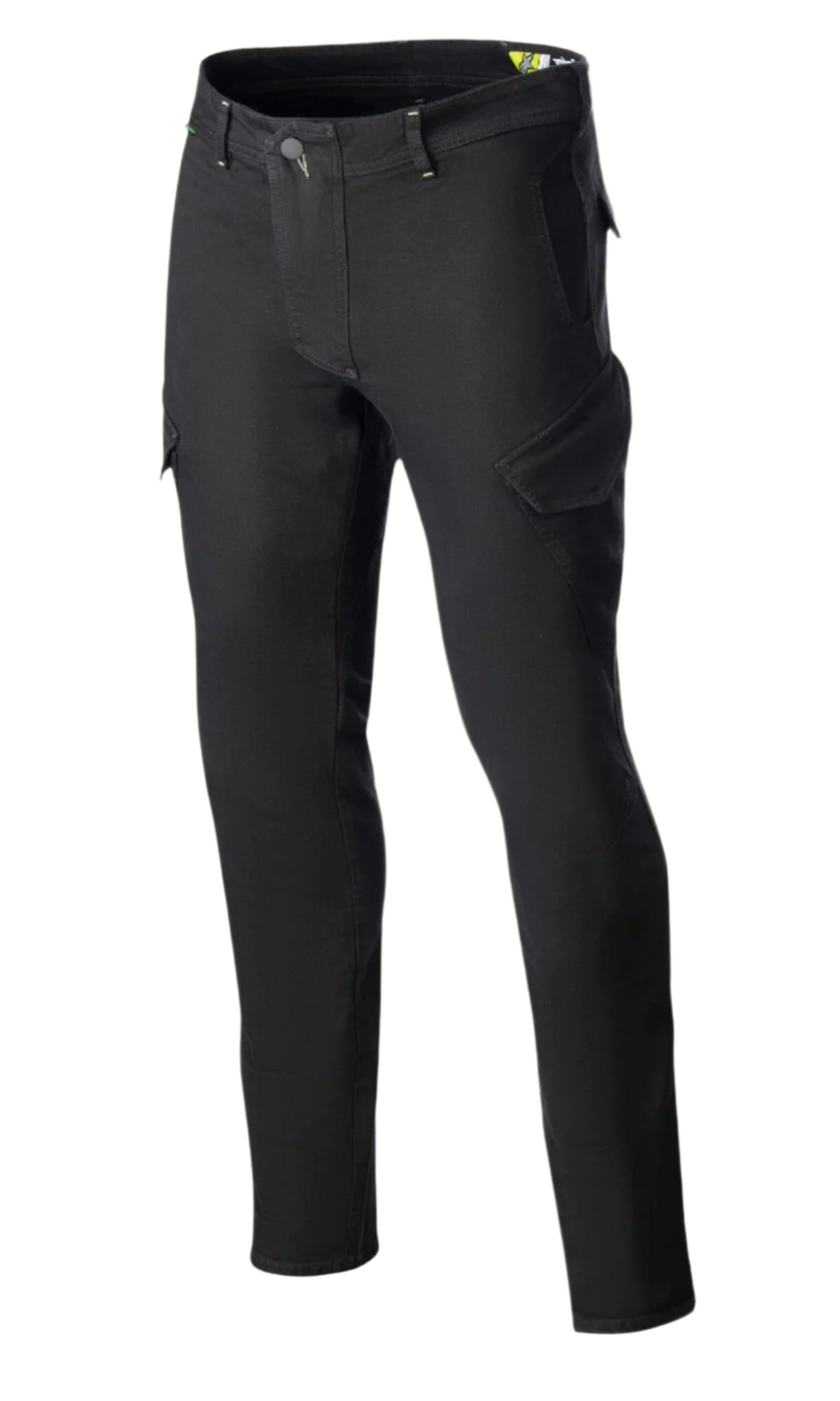 Alpinestars Caliber Slim Fit Tech Riding Pants, Motorradhose, Schwarz, angewinkelte Cargo-Taschen im Kampfstil, schmale zulaufende Passform, Gürtelschlaufen, Knopfverschluss, aus Stretch-Cordura-Denim für einen technischen Urban-Look
