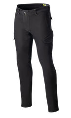 Alpinestars Caliber Slim Fit Tech Riding Pants, Motorradhose, Schwarz, angewinkelte Cargo-Taschen im Kampfstil, schmale zulaufende Passform, Gürtelschlaufen, Knopfverschluss, aus Stretch-Cordura-Denim für einen technischen Urban-Look