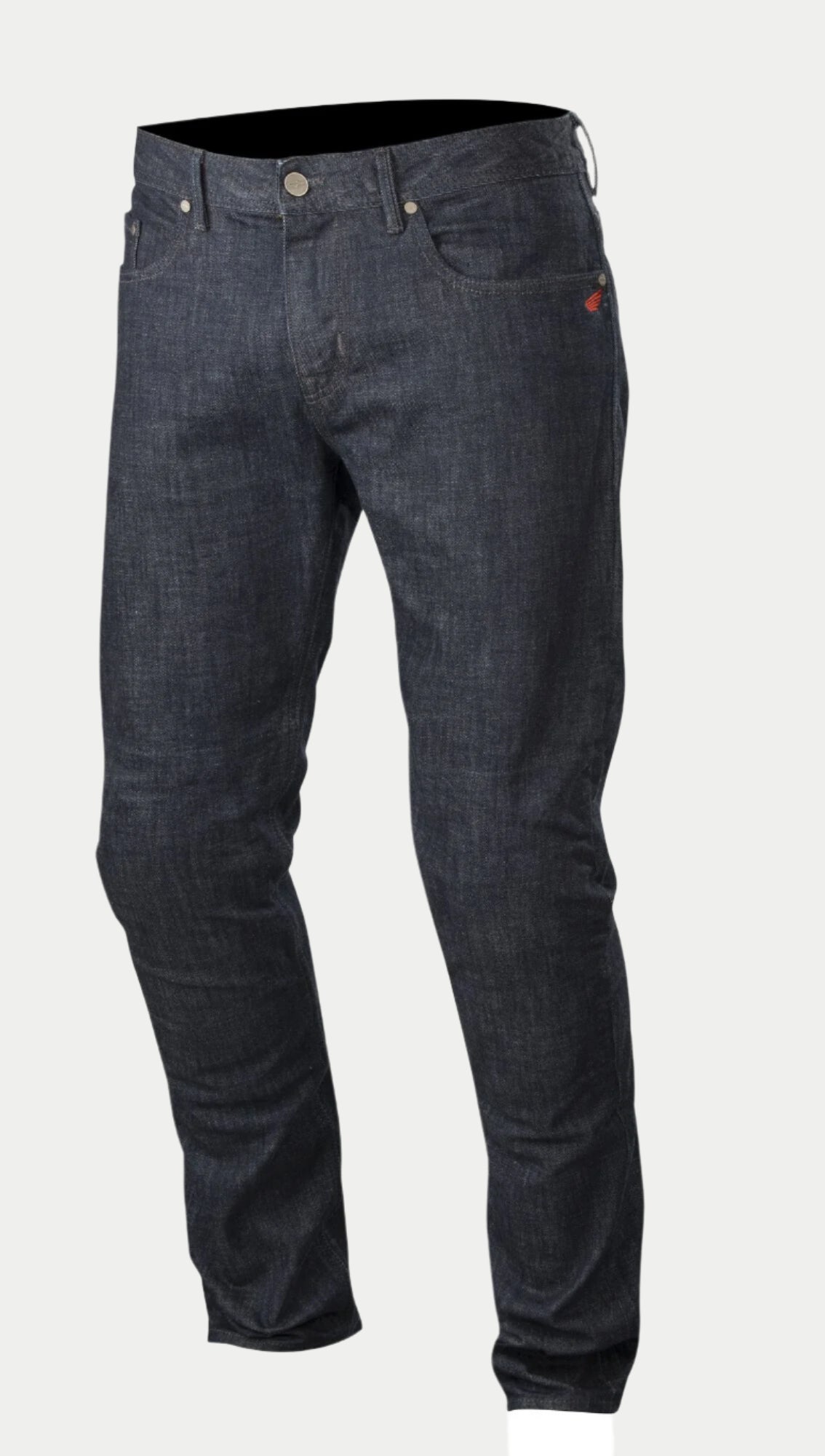 Alpinestars Copper Denim Hose, Motorradjeans, Dunkelblau, mit regulärer gerader Passform, klassischem Five-Pocket-Design mit kleinem roten Logo-Akzent an der Tasche und vorgeformter Beinkonstruktion für urbanes Fahren.