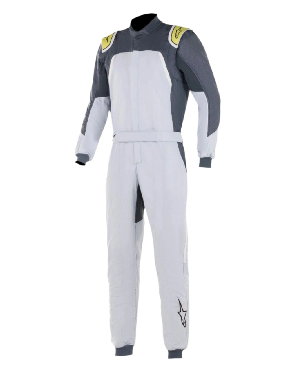 Alpinestars GP Pro Comp Anzug, Professioneller Auto-Rennanzug, Silber Blau Asphalt Lime, hellsilbernes Design mit dunkelgrauen Schulterpaneelen und limettengrünen Akzenten, Taillengürtel und gerippte Bündchen, FIA-zertifizierte dreilagige Konstruktion für Performance im Motorsport