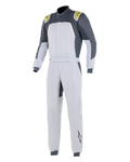 Alpinestars GP Pro Comp Anzug, Professioneller Auto-Rennanzug, Silber Blau Asphalt Lime, hellsilbernes Design mit dunkelgrauen Schulterpaneelen und limettengrünen Akzenten, Taillengürtel und gerippte Bündchen, FIA-zertifizierte dreilagige Konstruktion für Performance im Motorsport