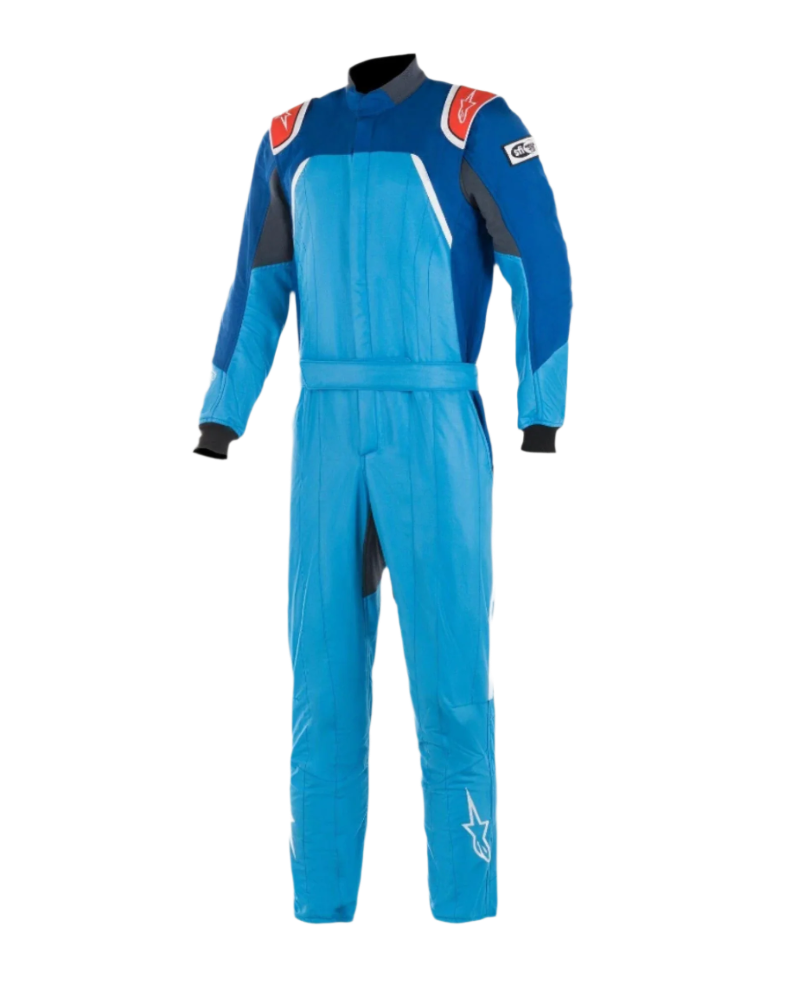 Alpinestars GP Pro Comp Bootcut Suit FIA, Auto Racing Suit, Cobalt Blue and Royal Blue with Red accents, features red shoulder epaulettes with white logos, black wrist cuffs, and bootcut legs, multi-layer aramidic construction for circuit racing