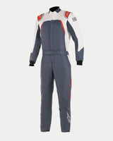 Alpinestars GP Pro Comp Bootcut Suit FIA, Auto Racing Suit, Asphalt White and Red, dark gray body with white shoulder panels and red trim, featuring Alpinestars logos on shoulders and legs, bootcut leg construction, professional motorsport design