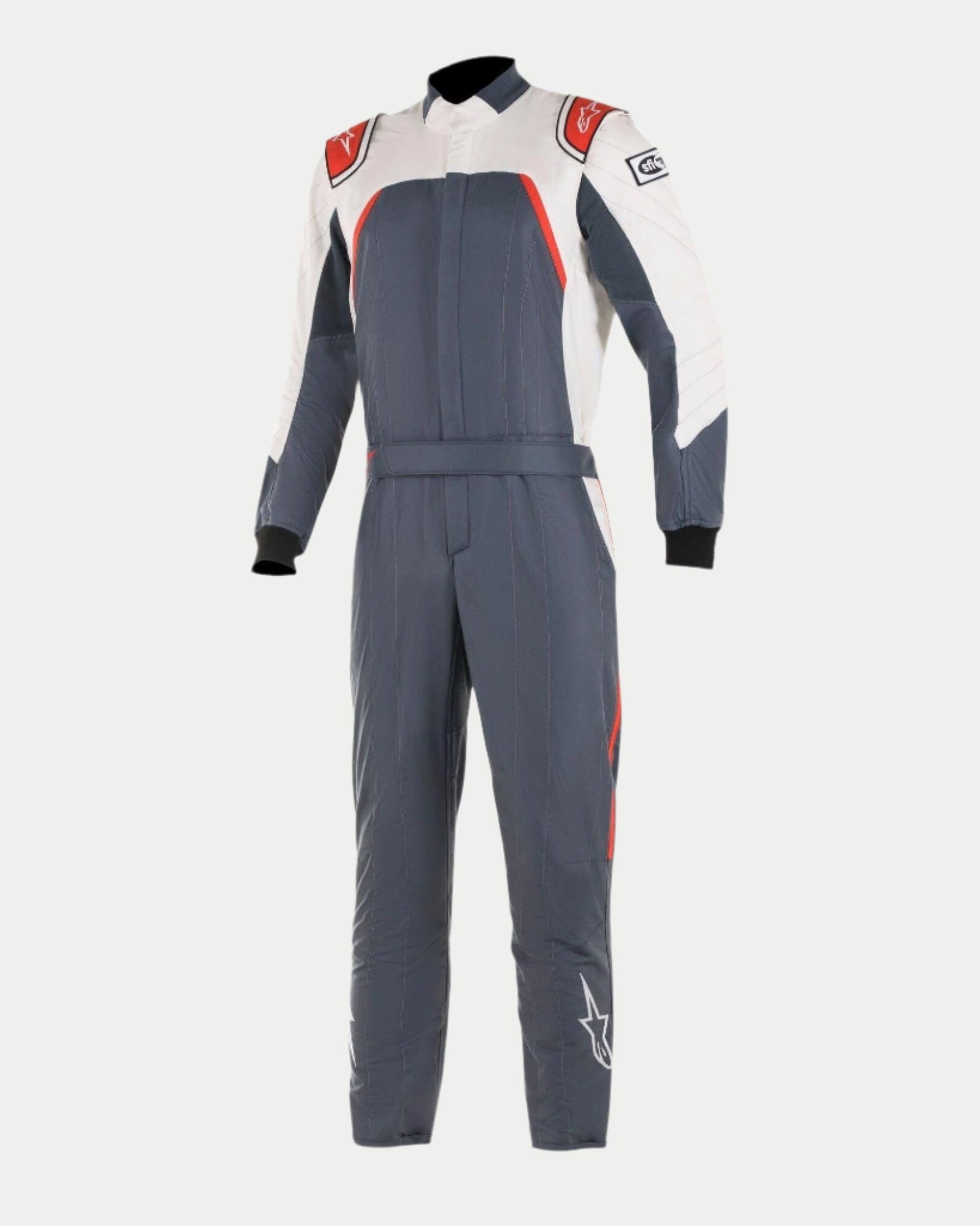 Alpinestars GP Pro Comp Bootcut Suit FIA, Auto Racing Suit, Asphalt White and Red, dark gray body with white shoulder panels and red trim, featuring Alpinestars logos on shoulders and legs, bootcut leg construction, professional motorsport design