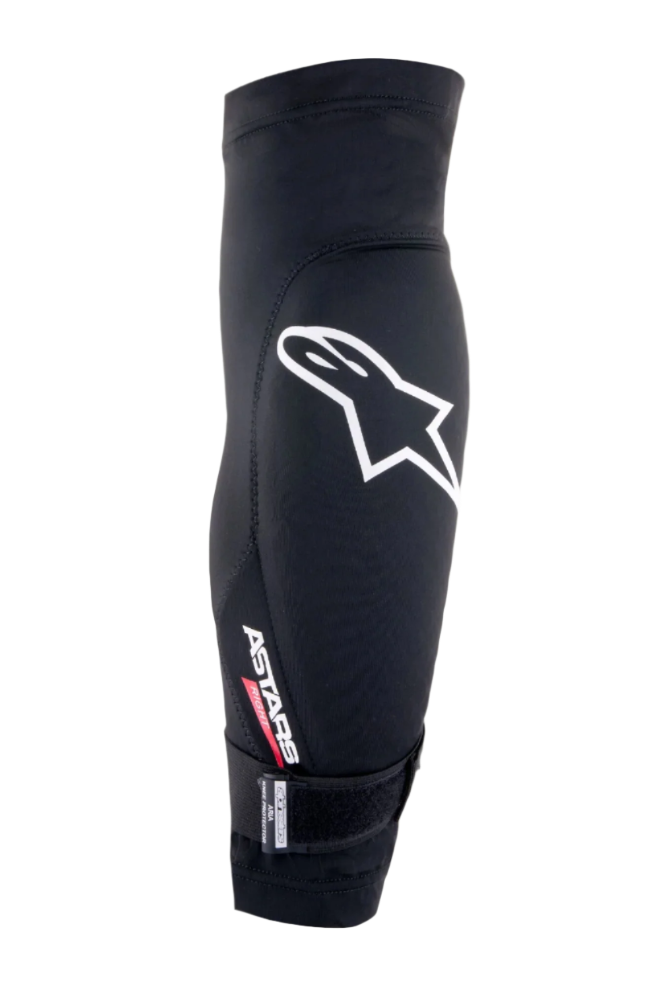 Alpinestars Aria Knieschutz, Schwarz und Weiß, atmungsaktive Mesh-Hülle mit großem weißen Astars-Logo, 'ASTARS RIGHT'-Schriftzug und verstellbarem Riemen unten, leichter Mountainbike- und Radsportschutz