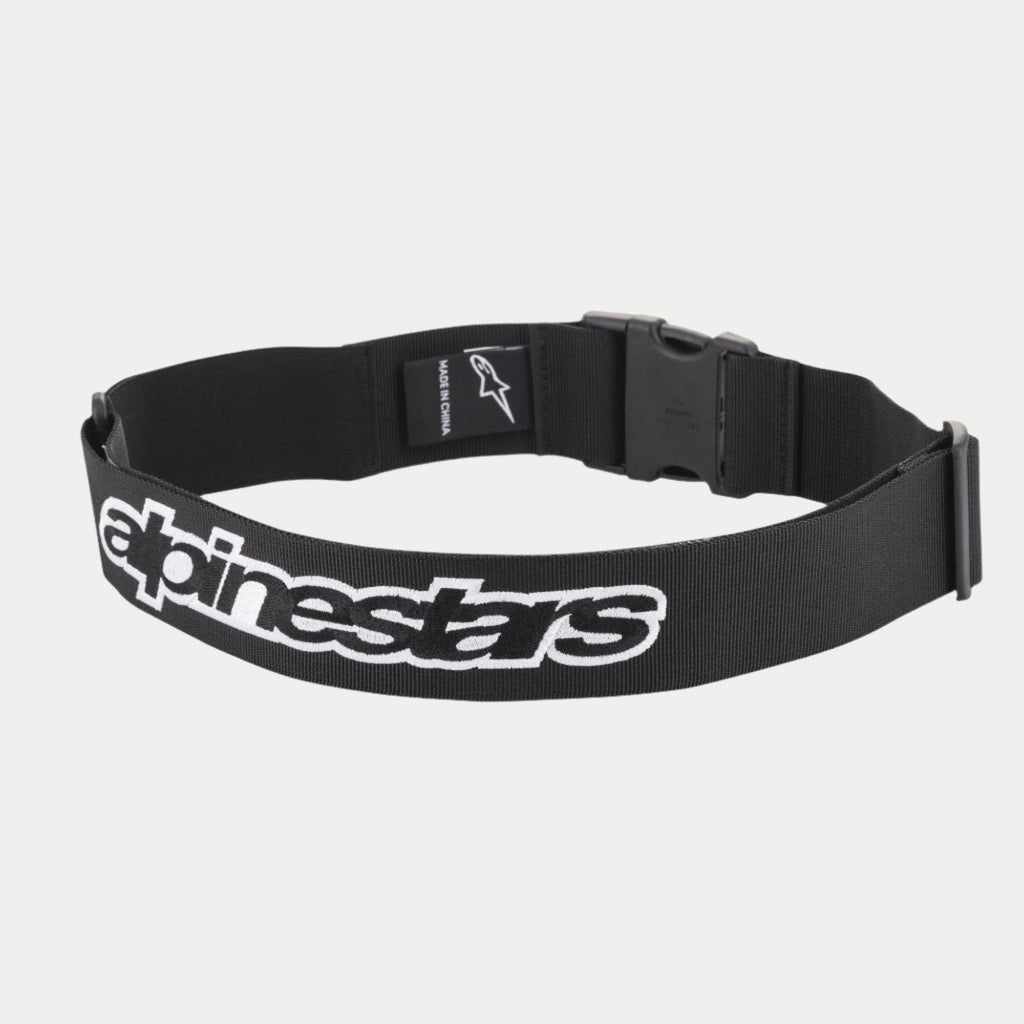 Alpinestars Pit Radio Gürtel, schwarzer technischer Utensiliengürtel mit weiß gesticktem Alpinestars-Logo, Kunststoff-Steckschnallenverschluss und elastischem Polygewebe für die Boxencrew.