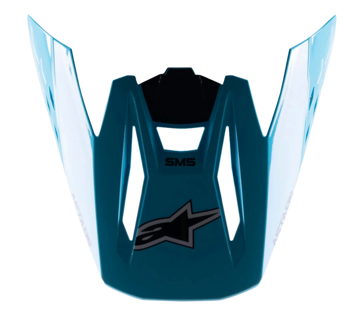 Alpinestars S-M5 Speed Helmet Visor, Motocross Helmet Accessory, Light Blue and Black Glossy, featuring black Alpinestars star logo and SM5 branding, aerodynamic design with glossy finish, durable plastic replacement peak for off-road racing