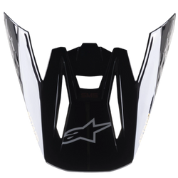 Alpinestars S-M5 Venture Helmet Visor, Motocross Helmet Accessory, Black Glossy, replacement peak featuring a silver Alpinestars logo on the front and white branding on the sides, durable plastic with a glossy finish for off-road racing.