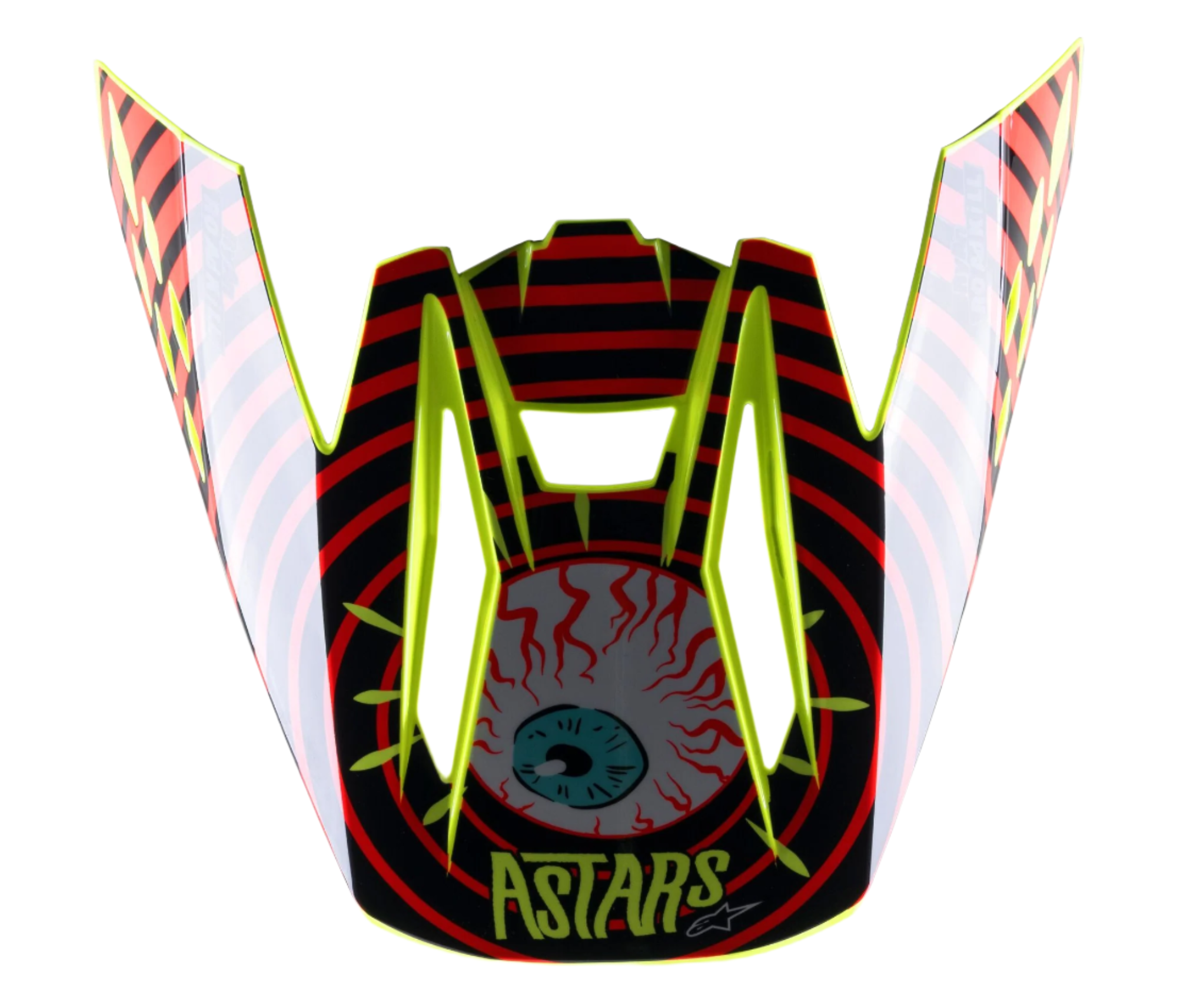 Alpinestars S-M5 Solar Flare Visier, Ersatz-Helmschild für Motocross-Helme, Schwarz, Rot und Fluo-Gelb, mit markanter blutunterlaufener Augapfel-Grafik, ASTARS-Logo und leuchtend neongelbem Rand.