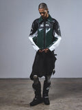 RSRV Alloy Lederjacke, Premium-Motorradjacke, Grün, Schwarz und Weiß, Glänzendes Lederfinish, Lifestyle-Kollektion, Unisex-Design mit RSRV-Logos