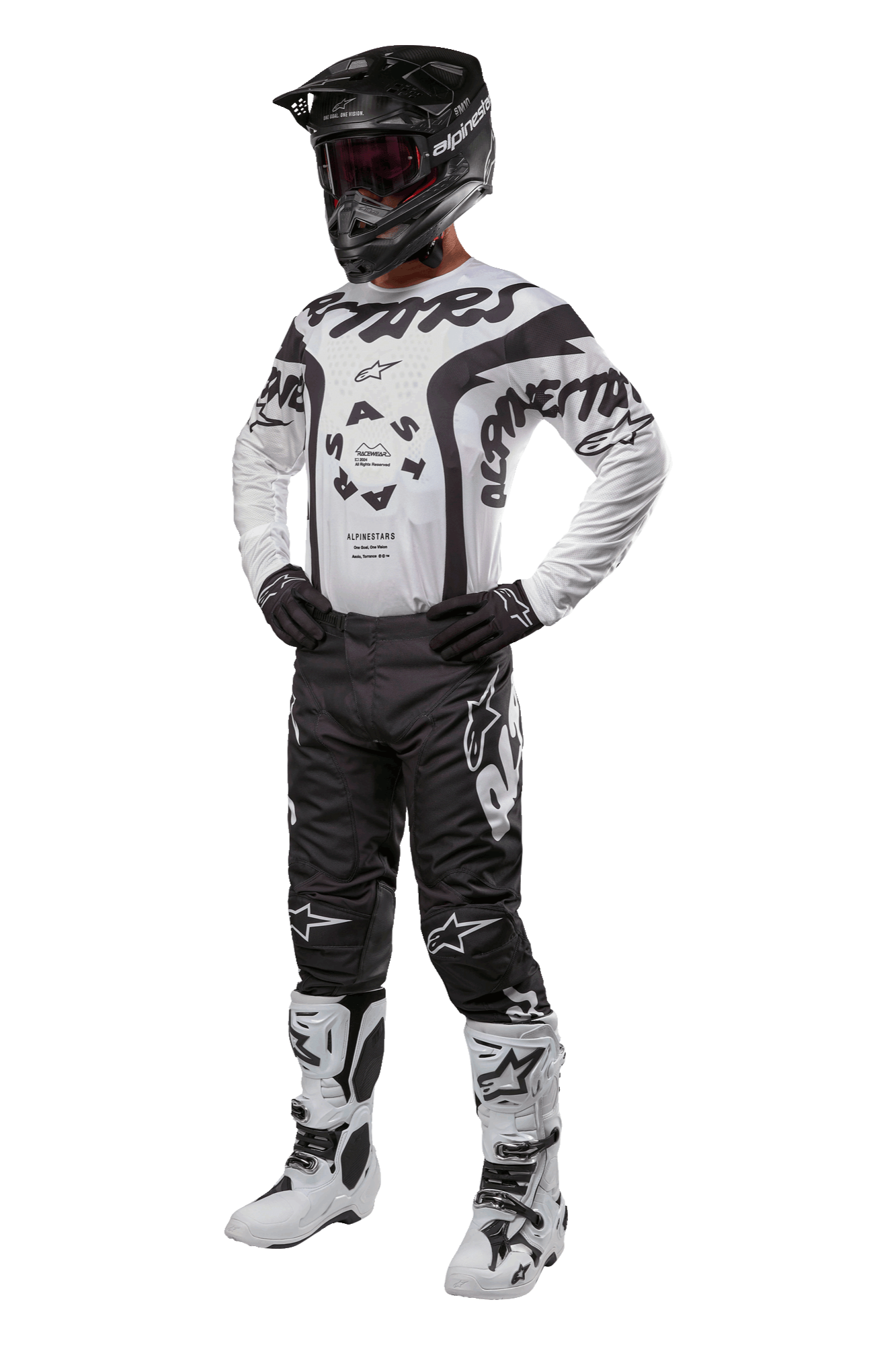 Alpinestars 2024 Racer Hana Motocross-Komplettausrüstung, Schwarz und Weiß, mit Trikot, Hose, Helm, Handschuhen und Stiefeln, professionelles Offroad-Design