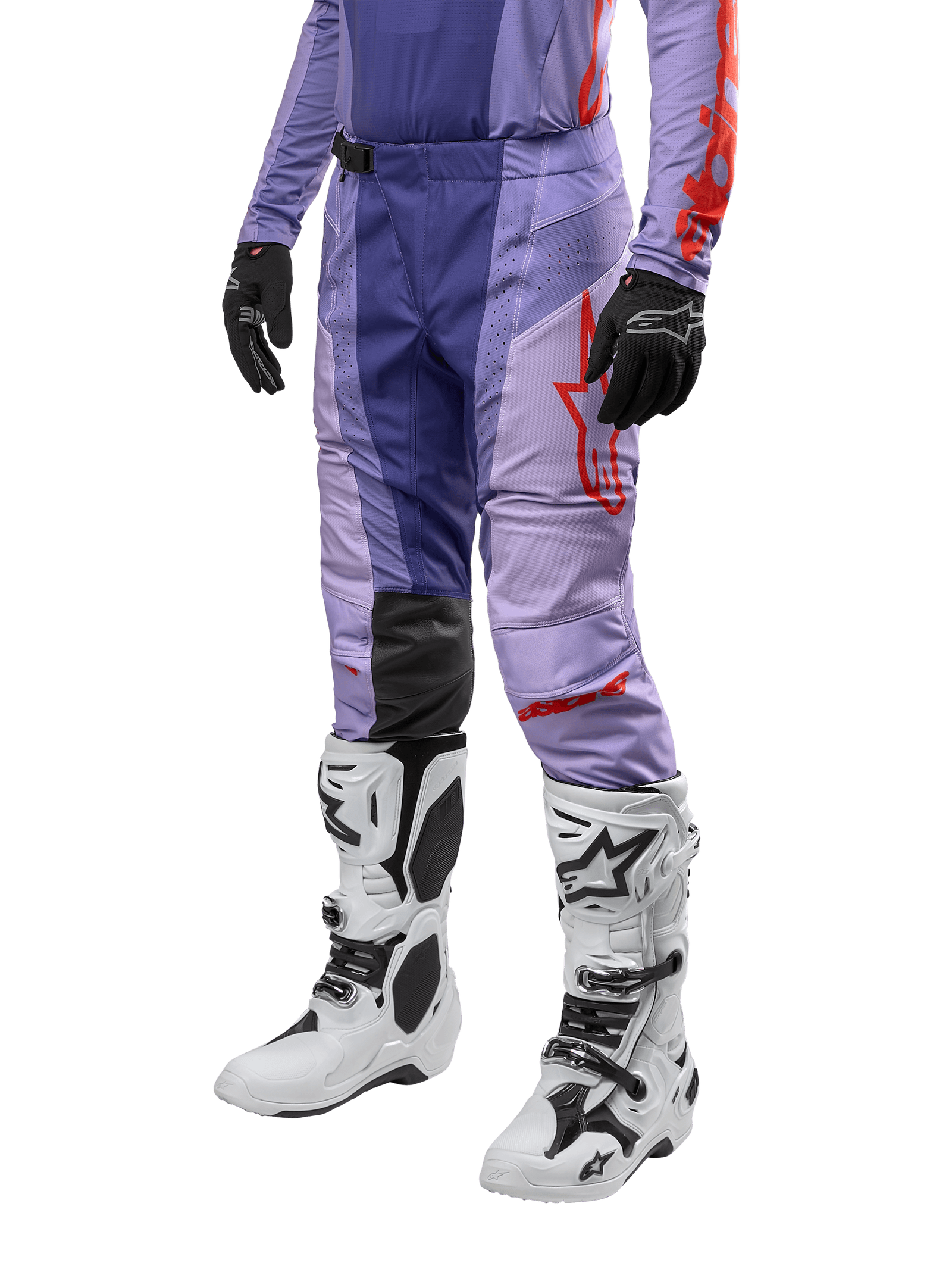 Alpinestars 2024 Techstar Ocuri Hose, Motocross-Hose, Lila und Hot Orange, weiße Stiefel und schwarze Handschuhe, strapazierfähige MX-Ausrüstung, sportliches Offroad-Design