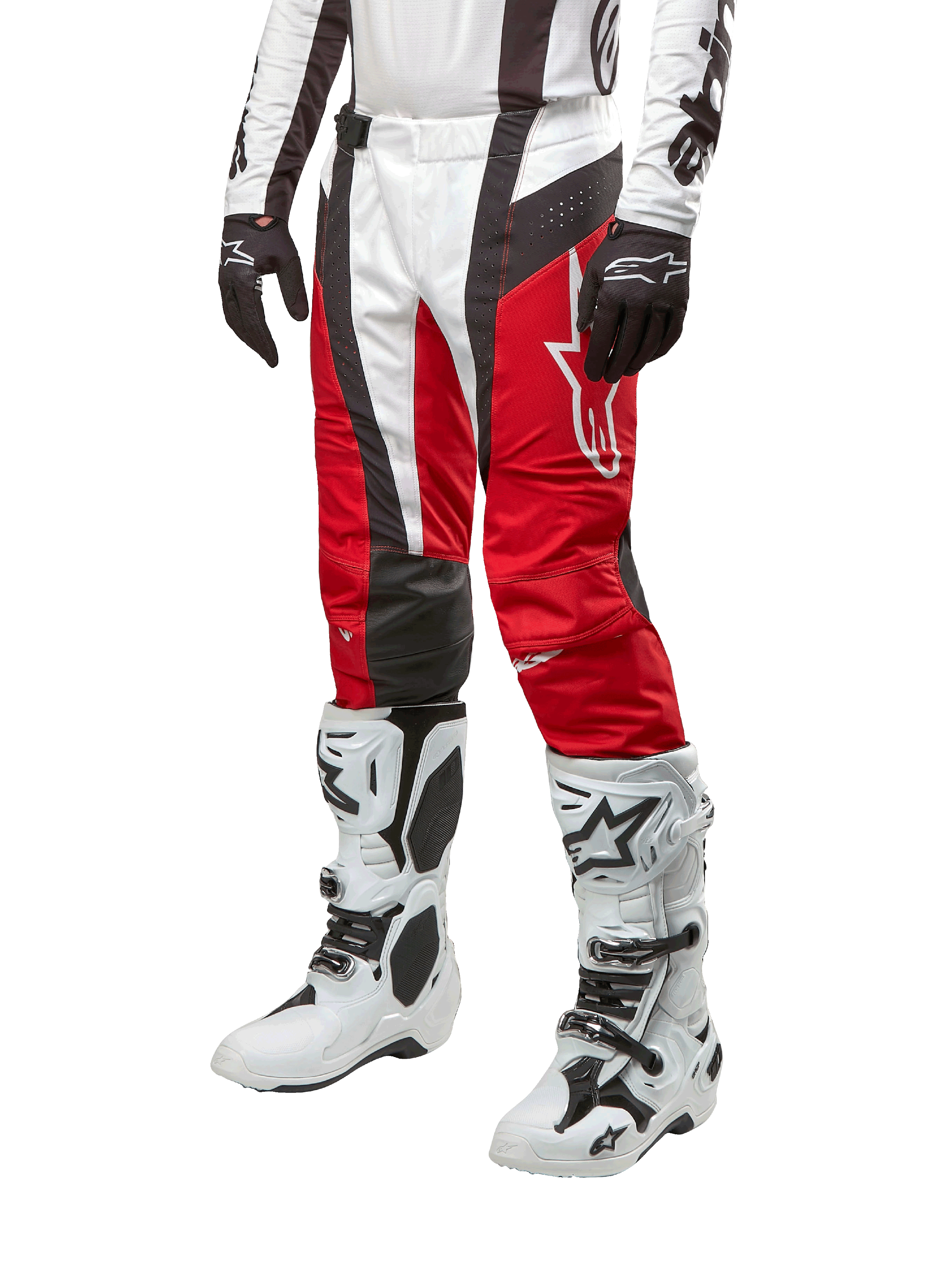 Alpinestars 2024 Techstar Ocuri Pants, Motocross Racing Pants, Mars Red White and Black, worn with matching white and black jersey, black gloves, and white racing boots with buckles, technical protective gear shown on a white background