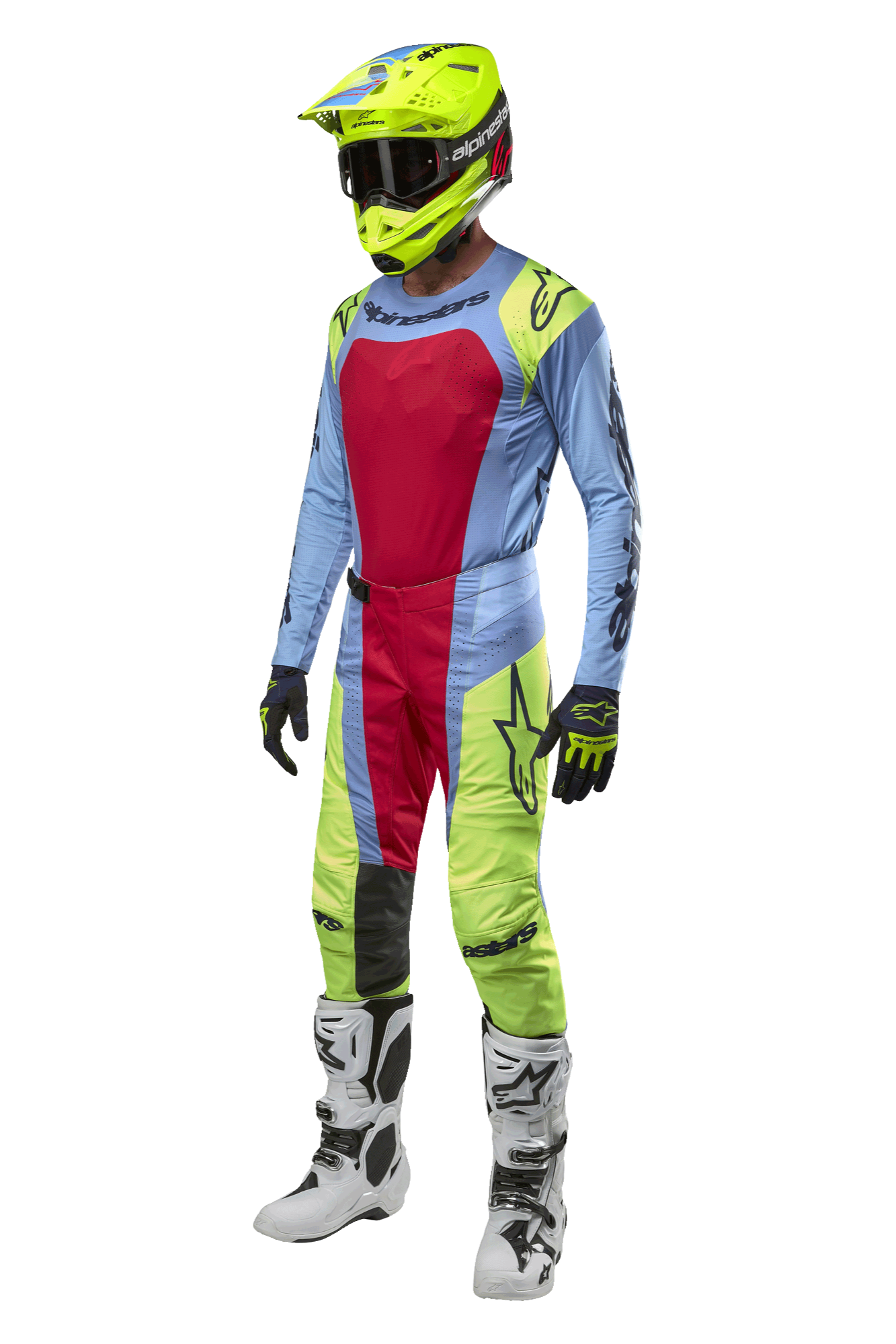 Motocross-Fahrer in Alpinestars 2024 Techstar Ocuri Hose in Hellblau, Fluo-Gelb und Beerenrot, koordinierte Rennausrüstung mit passendem Jersey, neongelbem Helm und weißen Stiefeln, Vorderansicht eines Offroad-Wettbewerbsoutfits.