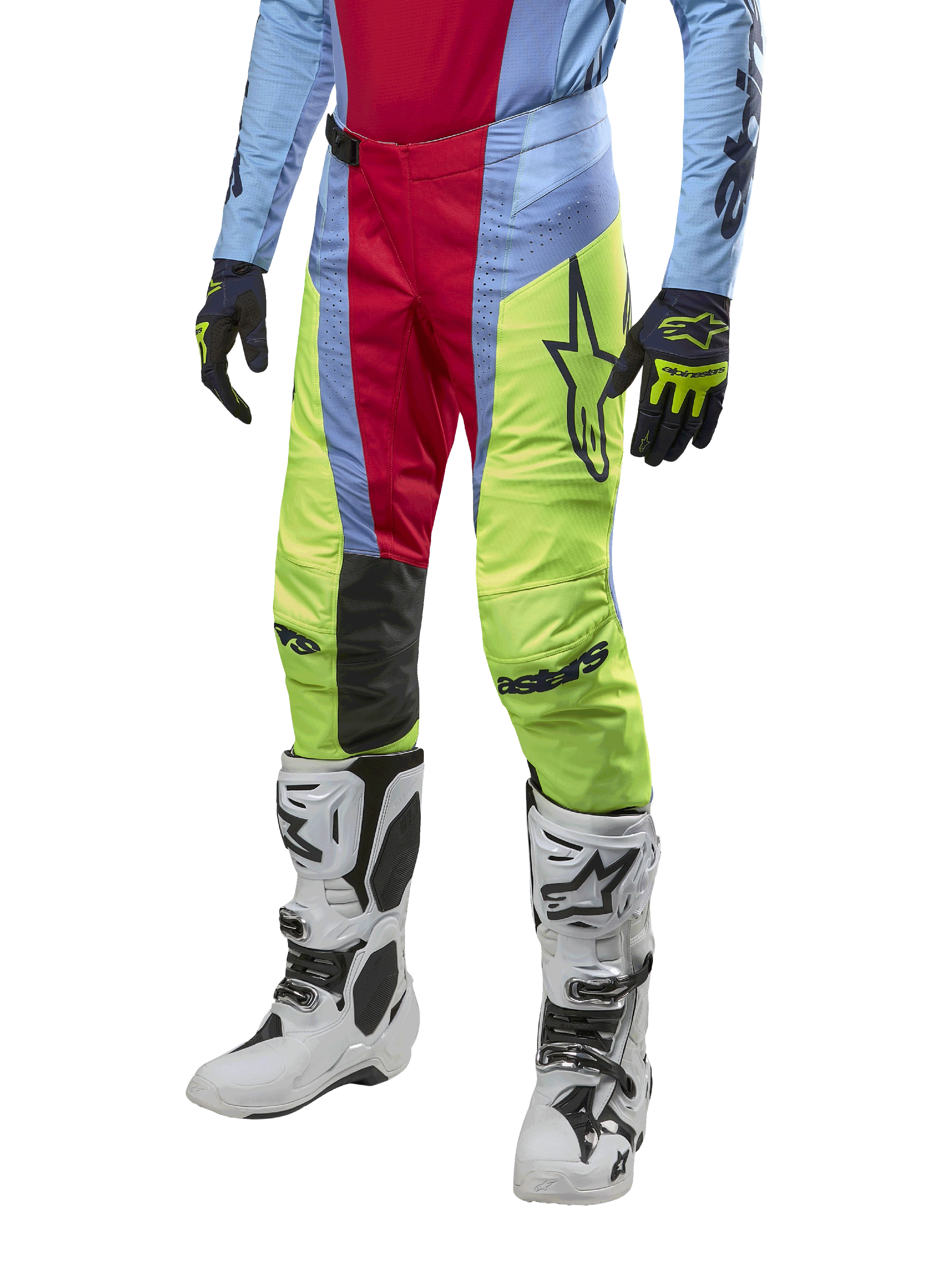 Alpinestars 2024 Techstar Ocuri Hose, Motocross-Hose, Hellblau, Beerenrot und Neongelb, getragen mit passender Ausrüstung und weißen Stiefeln, mit markantem Astars-Branding und einer Performance-Rennpassform.