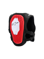 Alpinestars Tech-Air® MX System, autonome Offroad-Airbag-Weste, Rückansicht mit großem roten Nucleon PLASMA Rückenprotektor mit Wabenstruktur, weißes zentrales Panel mit schwarzem Stern-Logo, atmungsaktives schwarzes Mesh-Chassis und verstellbare seitliche Riemen