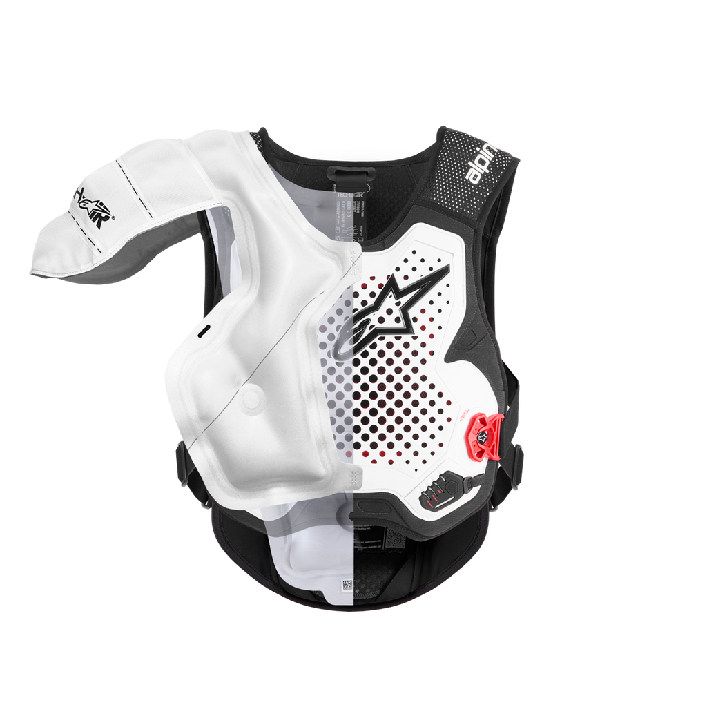 Alpinestars Tech-Air® MX System, autonomes Offroad-Airbagsystem, Schnittansicht mit Fokus auf die interne weiße Luftkammer und die Schutzweste, schwarz-weißes Gehäuse mit roten Akzenten, Schutz für Schultern und Brust.