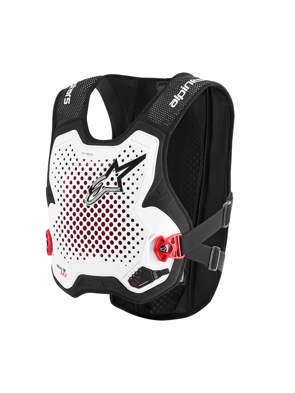 Alpinestars Tech-Air® MX System, autonome Off-Road-Airbag-Weste, Weiß und Schwarz, perforierte weiße Brustplatte mit schwarzem Logo, rote seitliche Schnallen, schwarzes Stretch-Mesh-Chassis, fortschrittlicher Schutz für Motocross und Supercross