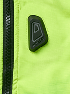 Alpinestars Tech-Air® 3 V2 System, Motorcycle Airbag Vest, Close-up of Yellow Fluo water-resistant fabric with black zipper, featuring a black rubberized Tech-Air logo patch, high-visibility safety gear