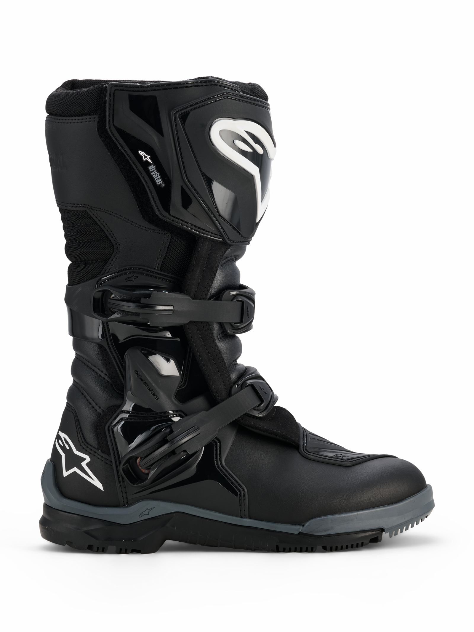 Alpinestars Corozal V2 Adventure Drystar® Stiefel, Schwarz, robuster Adventure-Motorradstiefel mit weißen Alpinestars-Logos an Schienbein und Ferse, zwei verstellbare Polymerschnallen und eine langlebige Multi-Material-Konstruktion für Fahrten in jedem Gelände.