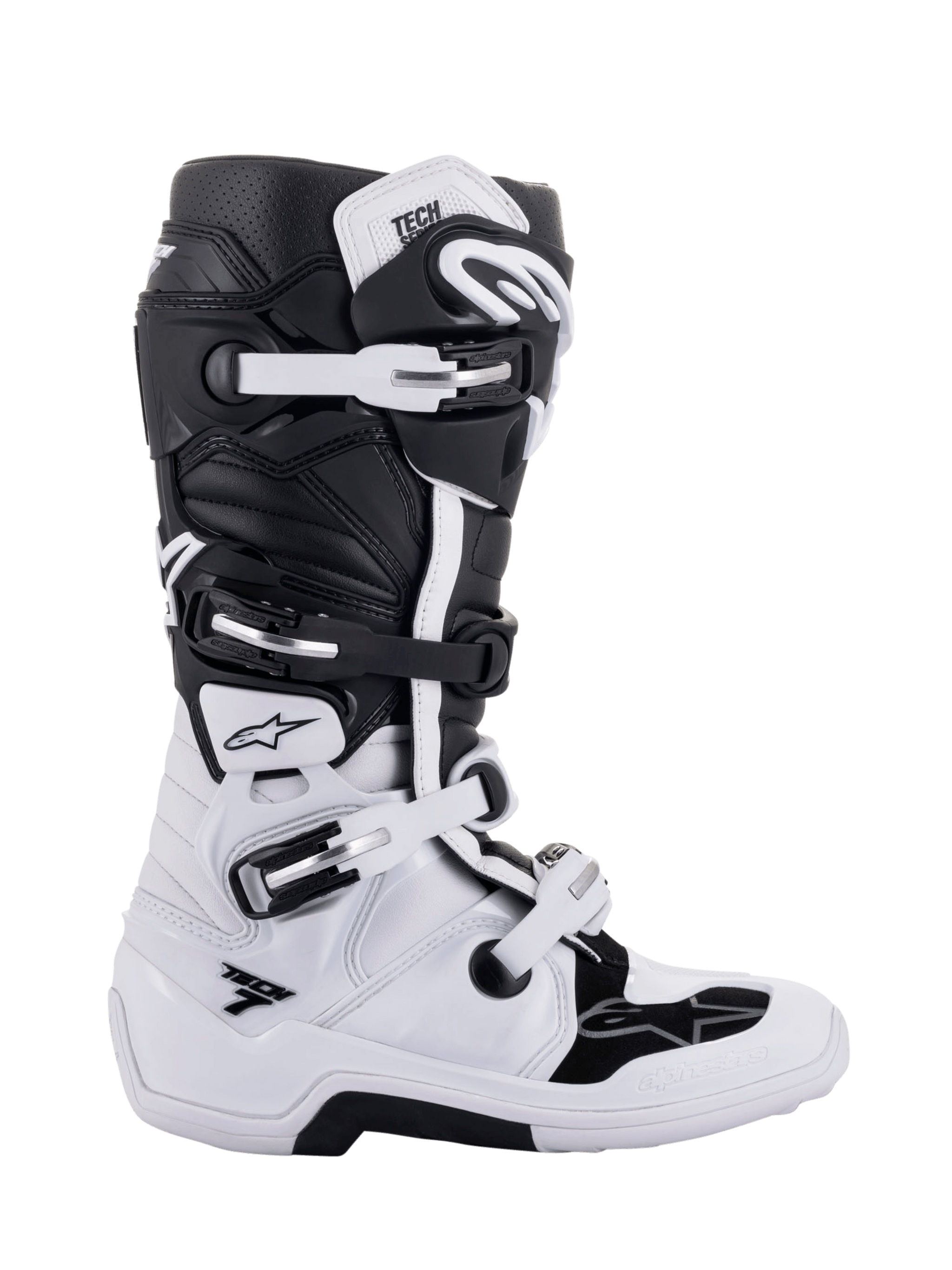 Alpinestars Tech 7 Stiefel, Motocross-Motorradstiefel, Schwarz und Weiß, mehrere Schnallen und Riemen, strukturiertes Design, robuste Konstruktion mit dickem Profil, Logos an Seitenteilen, CE-zertifiziert, Premium-Schutzausrüstung für Geländefahrt