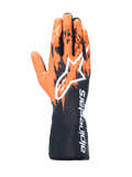 Alpinestars Tech-1 K V3 Gloves, Karting Gloves, Black Orange and White, featuring a sublimated graphic design with orange brush-stroke patterns on a black base, large white Astar logo on the back, vertical Alpinestars text on the gauntlet cuff, professional kart racing gear
