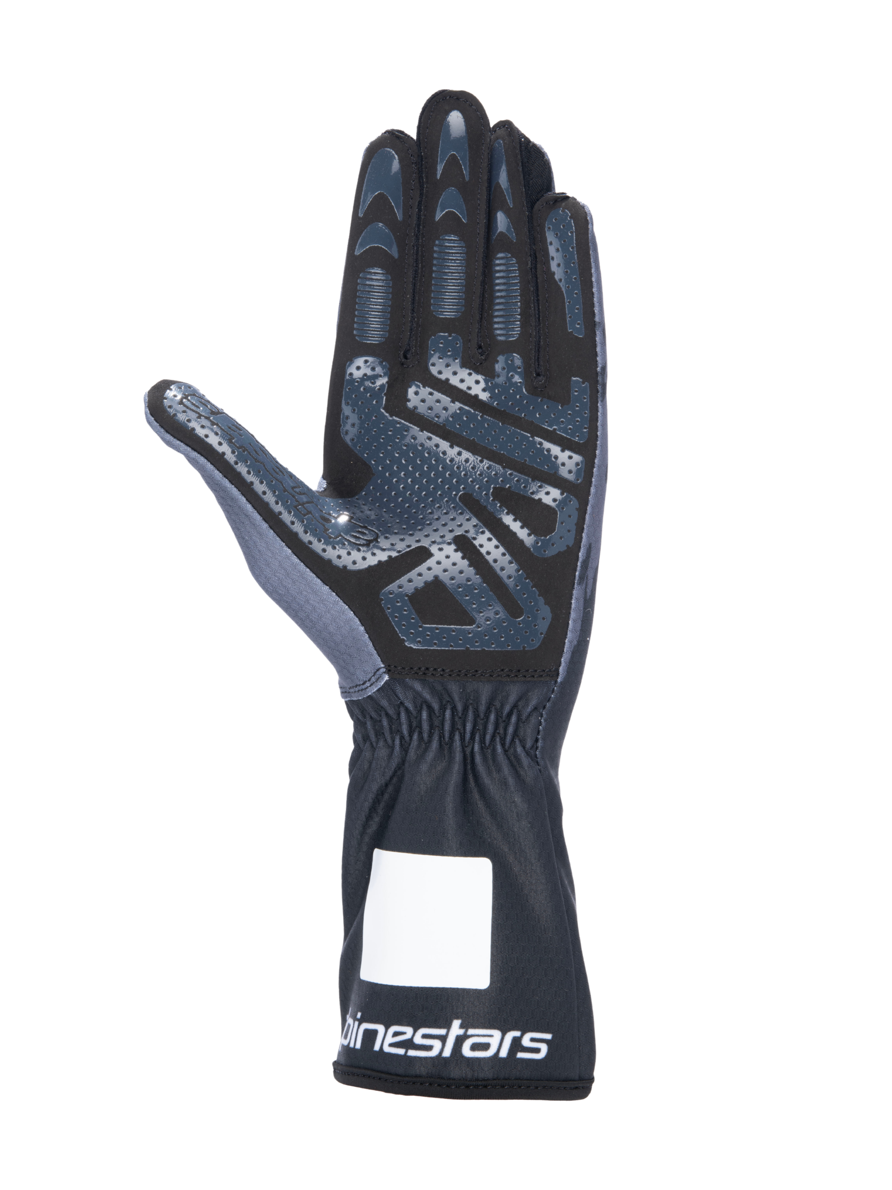 Alpinestars Tech-1 K V3 Karting Gloves, Black Anthracite, palm side view featuring high-grip silicone print, synthetic suede palm, gauntlet cuff with elasticated wrist and white branding, professional motorsport gear