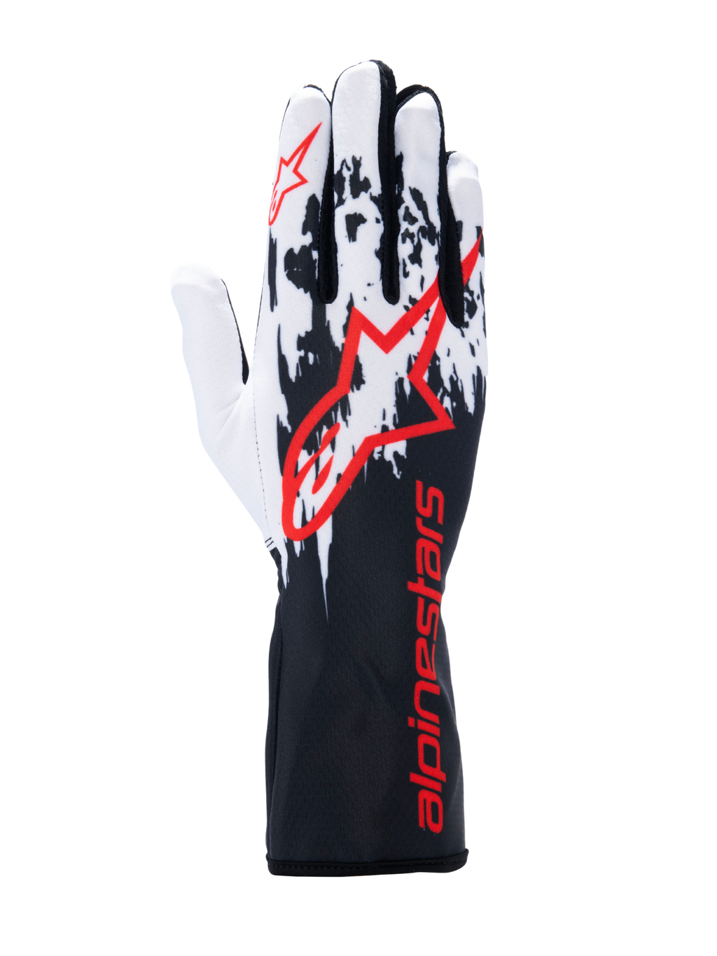 Alpinestars Tech-1 K V3 Handschuhe, Kart-Handschuhe, Schwarz Weiß Rot, mit schwarz-weiß gesprenkeltem Grafikdesign auf dem Handrücken, großem rotem Alpinestars-Logo, rotem Branding auf der langen Stulpe, professionelle Motorsportausrüstung