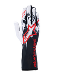 Alpinestars Tech-1 K V3 Handschuhe, Kart-Handschuhe, Schwarz Weiß Rot, mit schwarz-weiß gesprenkeltem Grafikdesign auf dem Handrücken, großem rotem Alpinestars-Logo, rotem Branding auf der langen Stulpe, professionelle Motorsportausrüstung