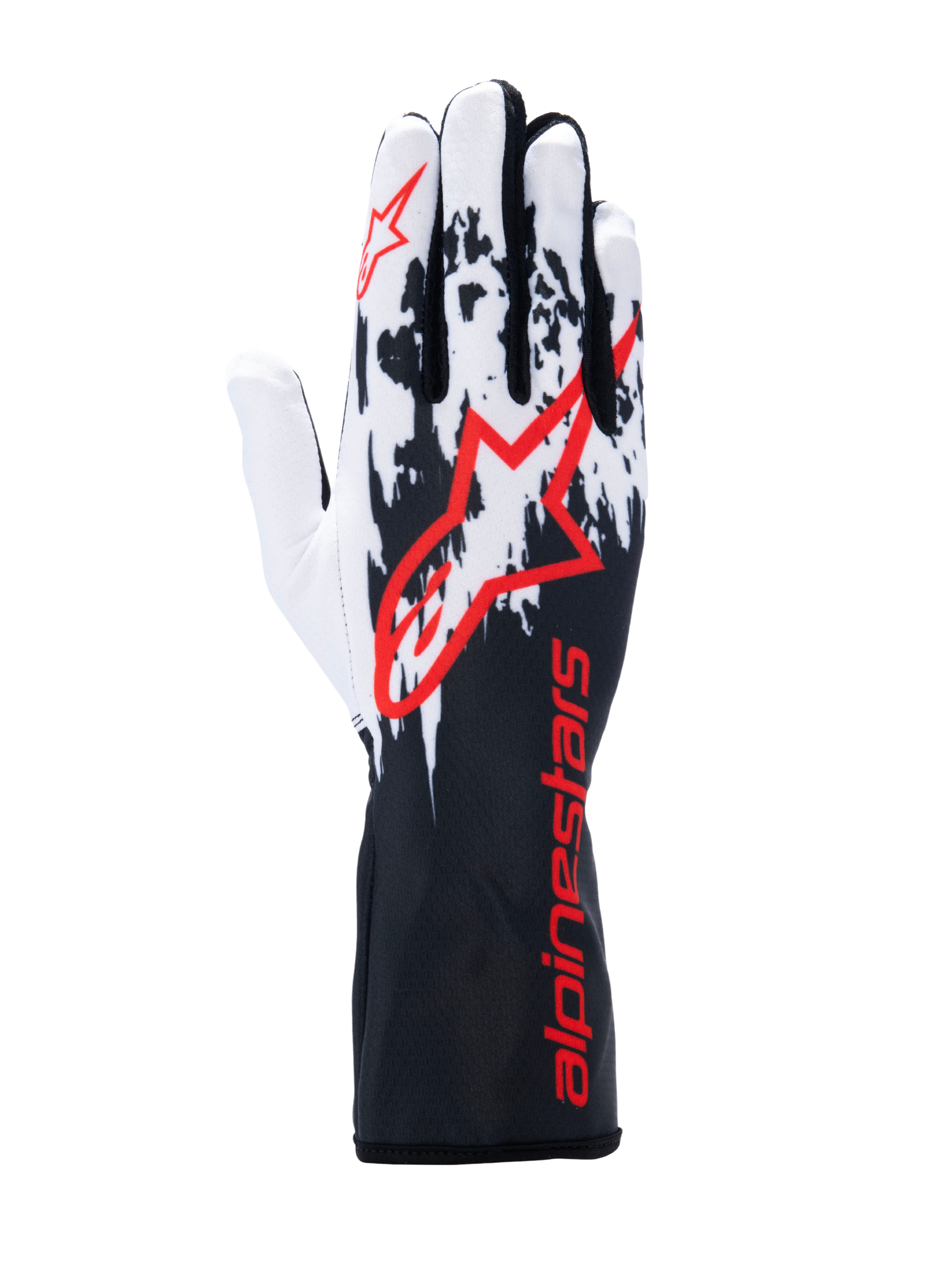 Alpinestars Tech-1 K V3 Handschuhe, Kart-Handschuhe, Schwarz Weiß Rot, mit schwarz-weiß gesprenkeltem Grafikdesign auf dem Handrücken, großem rotem Alpinestars-Logo, rotem Branding auf der langen Stulpe, professionelle Motorsportausrüstung