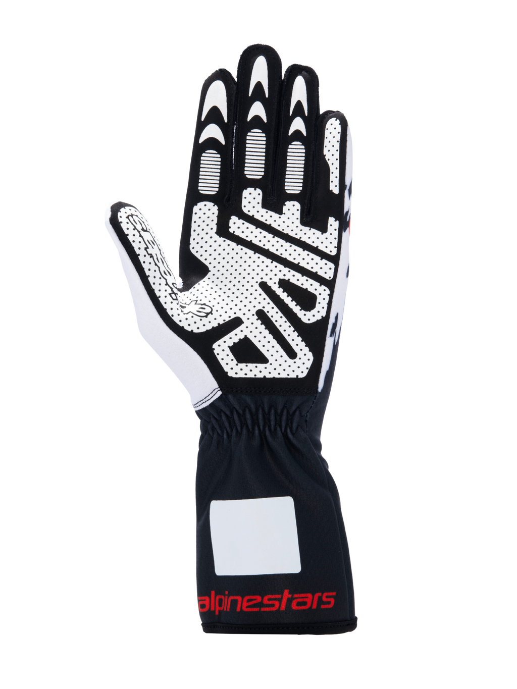 Alpinestars Tech-1 K V3 Handschuhe, Kart-Handschuhe, Schwarz, Weiß und Rot, Ansicht der Handfläche mit griffigem Silikondruck, synthetisches Wildledermaterial, Stulpe mit rotem Logo, professionelle Kart-Ausrüstung