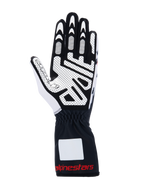 Alpinestars Tech-1 K V3 Handschuhe, Kart-Handschuhe, Schwarz, Weiß und Rot, Ansicht der Handfläche mit griffigem Silikondruck, synthetisches Wildledermaterial, Stulpe mit rotem Logo, professionelle Kart-Ausrüstung