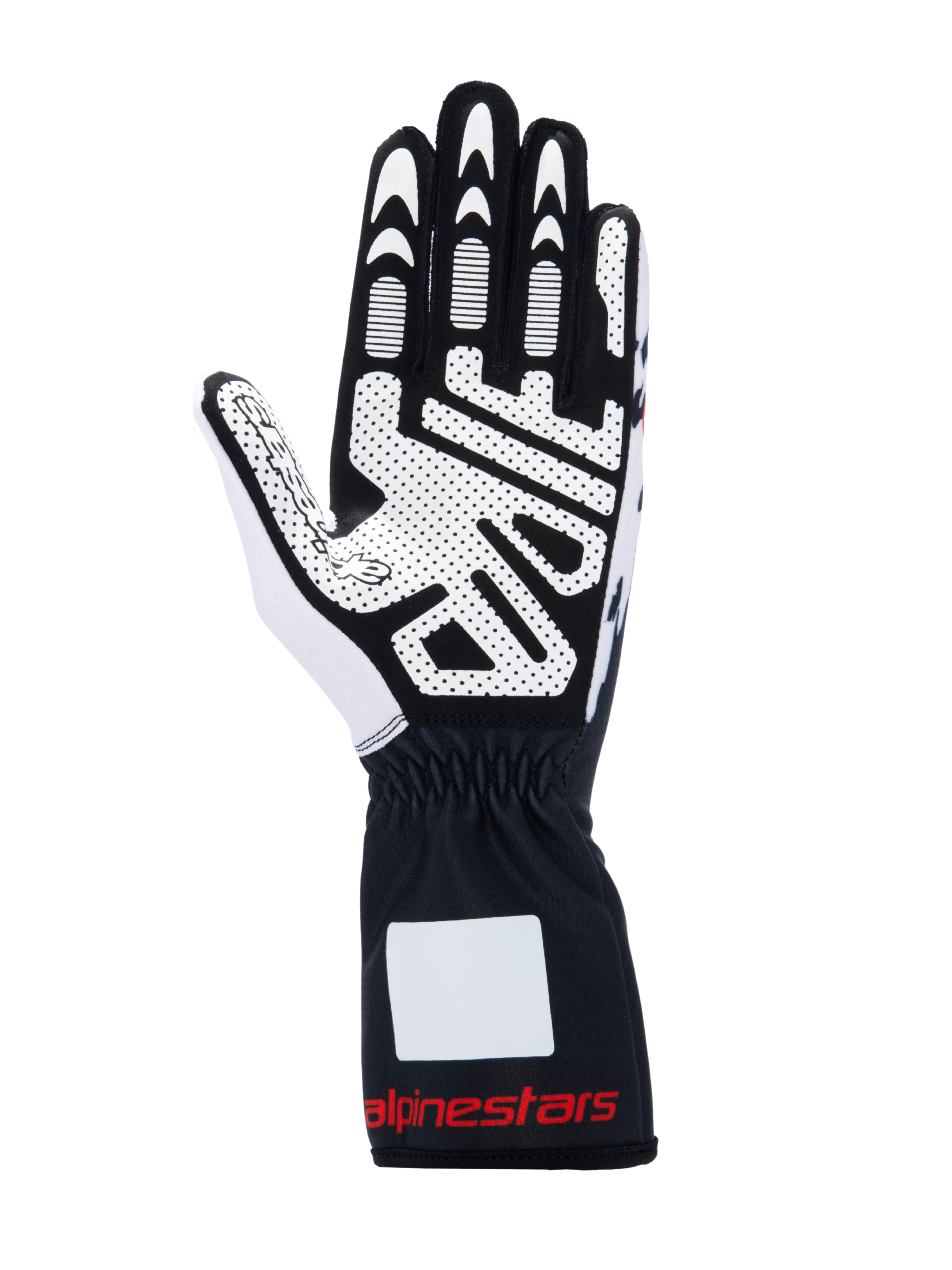 Alpinestars Tech-1 K V3 Handschuhe, Kart-Handschuhe, Schwarz, Weiß und Rot, Ansicht der Handfläche mit griffigem Silikondruck, synthetisches Wildledermaterial, Stulpe mit rotem Logo, professionelle Kart-Ausrüstung