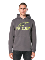Alpinestars Ride Hoodie V 3, charcoal gray pullover hoodie with lime green RIDE logo, features a front kangaroo pocket and drawstring hood, casual motorsport-inspired streetwear