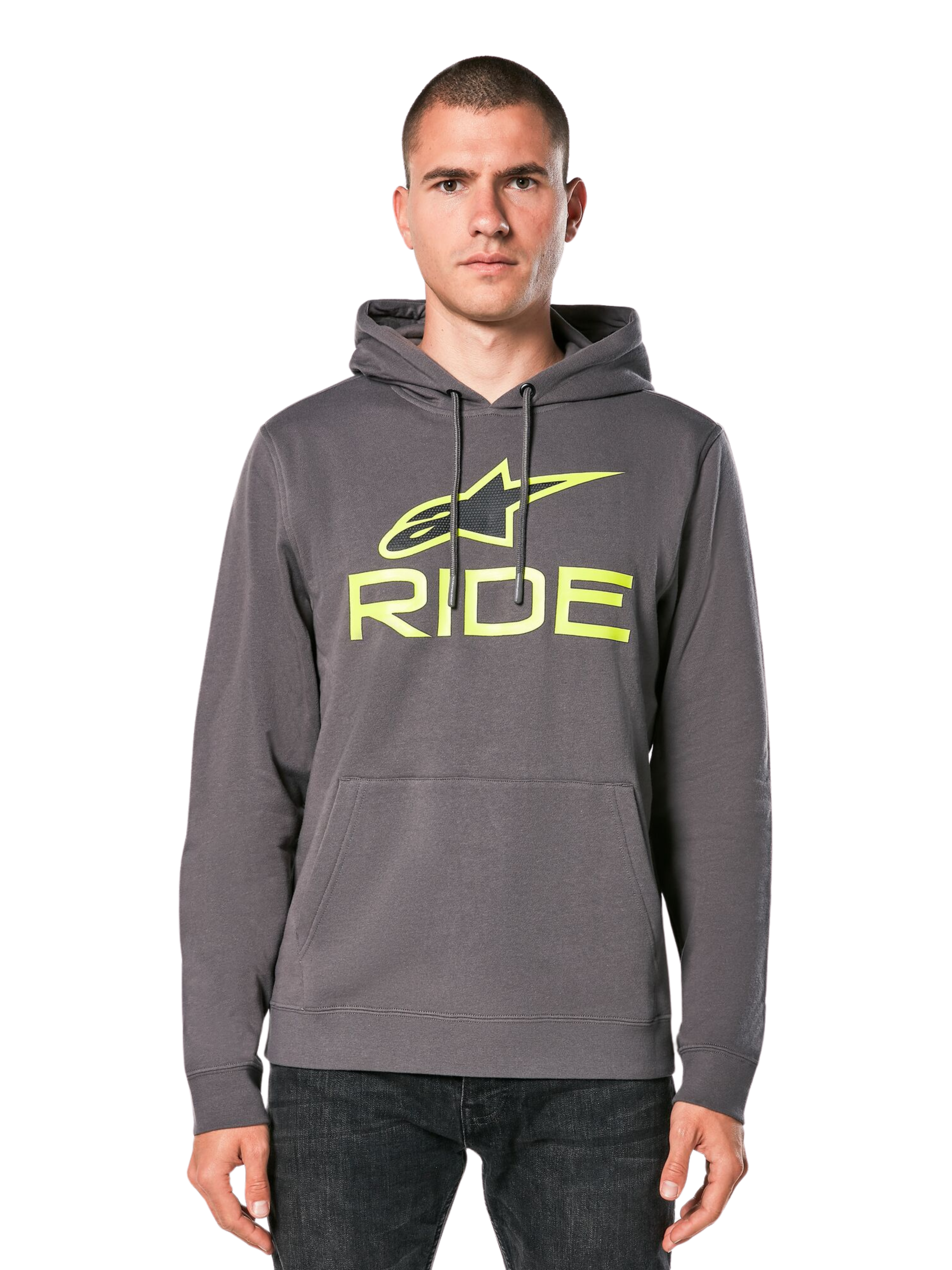 Alpinestars Ride Hoodie V 3, charcoal gray pullover hoodie with lime green RIDE logo, features a front kangaroo pocket and drawstring hood, casual motorsport-inspired streetwear