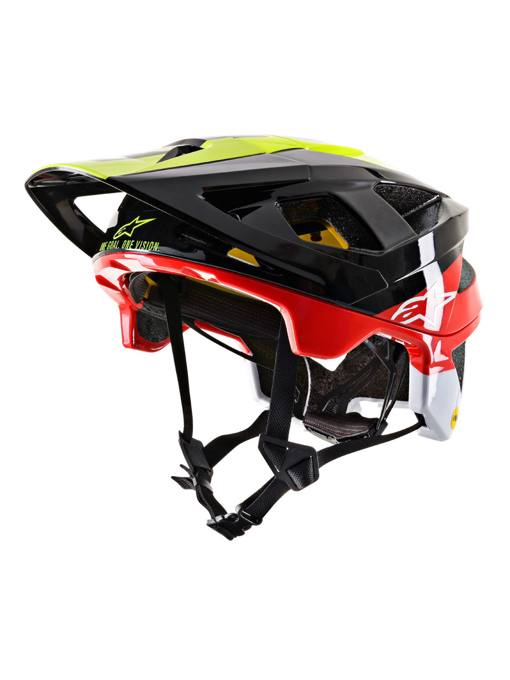 Alpinestars Vector Tech Pilot MTB Helmet CE, Mountain Bike Helmet, Black Red White and Yellow Fluo, glossy finish with multiple ventilation ports, adjustable visor, MIPS branding, sleek aerodynamic design for off-road cycling